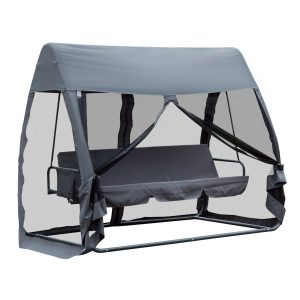 Outsunny Columpio de Jardín 3 Plazas Convertible en Cama Balancín con Mosquitera de Puertas Espacio de Almacenaje Terraza Balcón Exterior 240x140x197 cm Acero Carga Máx. 300 kg Gris
