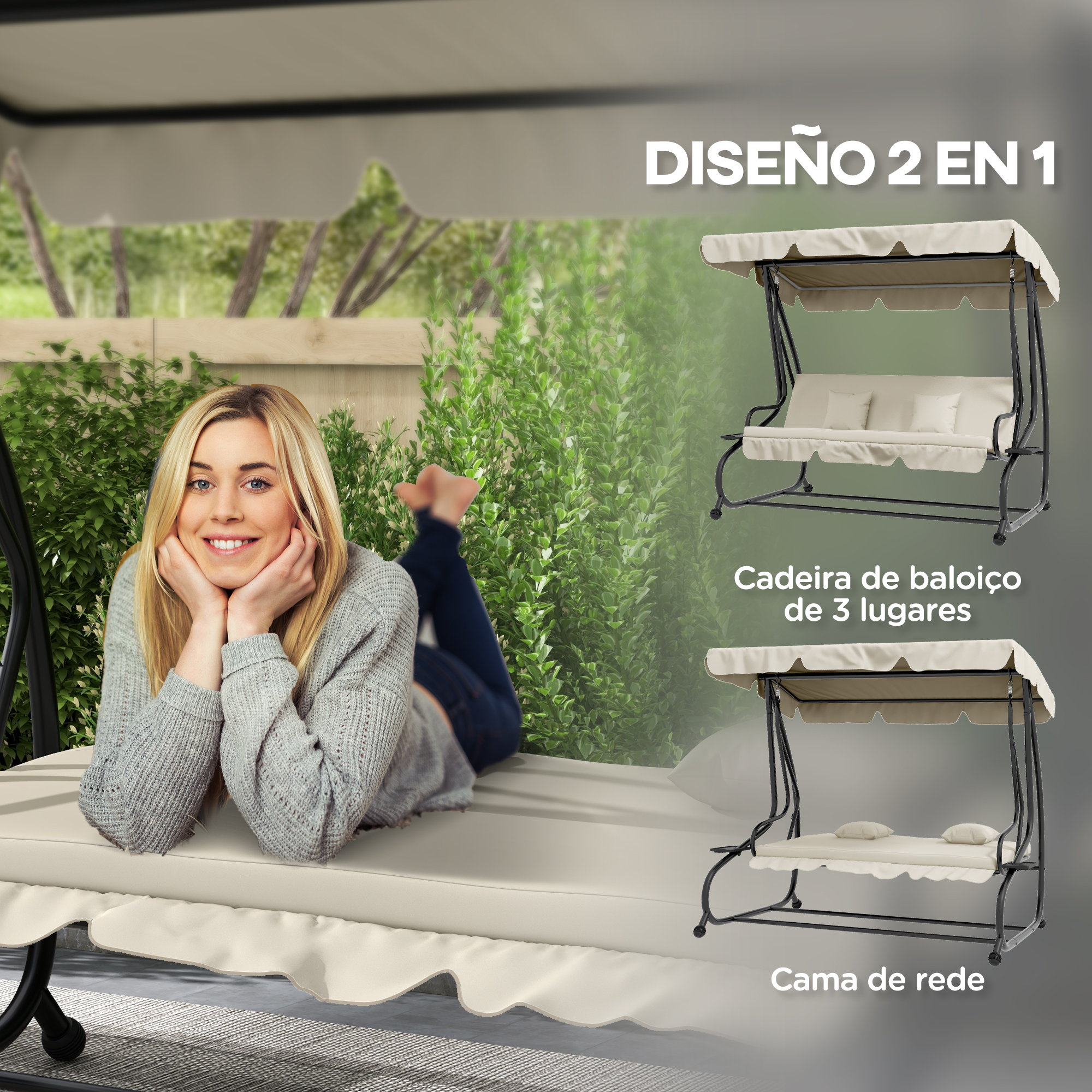 Outsunny Balancín de Jardín Exterior de 3 Plazas Columpio de Jardín Exterior Convertible en Cama con Toldo Ajustable Soportes Laterales y 2 Almohadas Carga 340 kg 200x120x164 cm Crema - Imagen 4