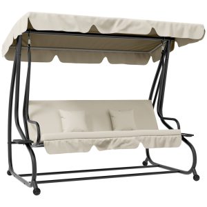 Outsunny Balancín de Jardín Exterior de 3 Plazas Columpio de Jardín Exterior Convertible en Cama con Toldo Ajustable Soportes Laterales y 2 Almohadas Carga 340 kg 200x120x164 cm Crema