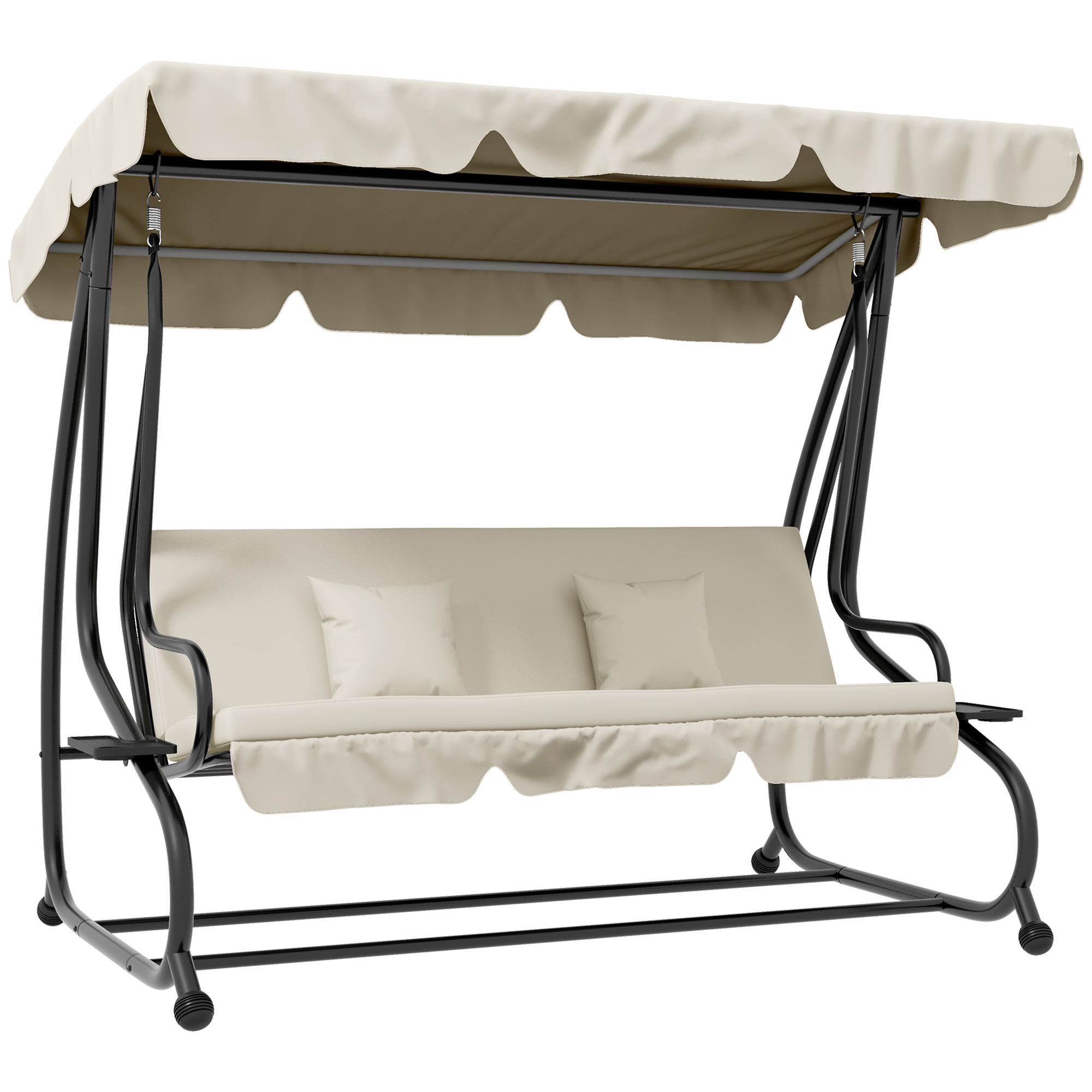 Outsunny Balancín de Jardín Exterior de 3 Plazas Columpio de Jardín Exterior Convertible en Cama con Toldo Ajustable Soportes Laterales y 2 Almohadas Carga 340 kg 200x120x164 cm Crema