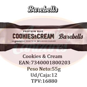BAREBELLS COOKIES CREAM, Peso Neto 55 Gr. – CAJA DE 12 UNIDADES